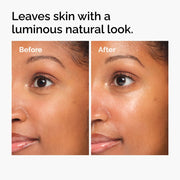 Before and after application of a skincare product formulated without white cast on medium-toned skin.
